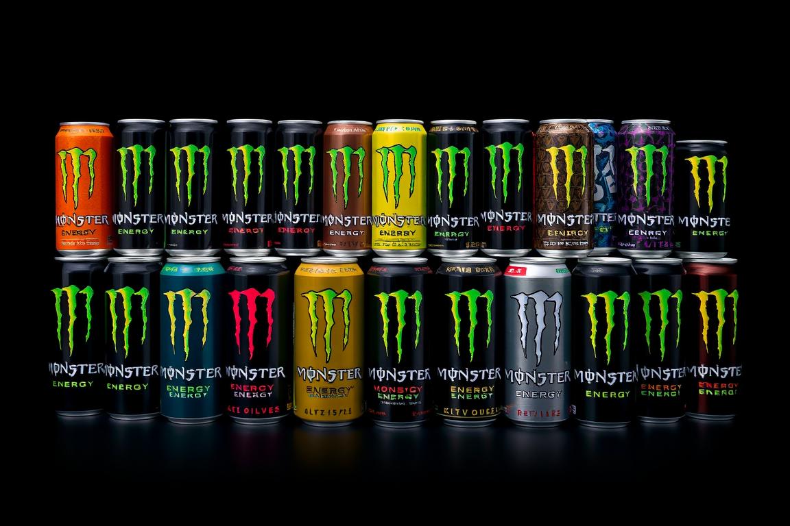 Monster Energy's diverse product lineup showing multiple flavors and sub-brands