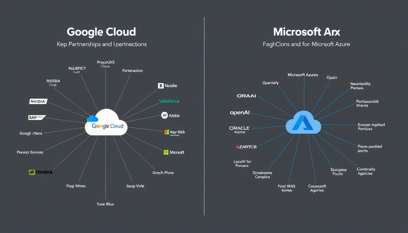 Network diagram showing key partnerships and ecosystem connections for Google Cloud and Microsoft Azure in the Google vs Microsoft AI and Cloud Services Comparison Network diagram showing key partnerships and ecosystem connections for Google Cloud and Microsoft Azure in the Google vs Microsoft AI and Cloud Services Comparison