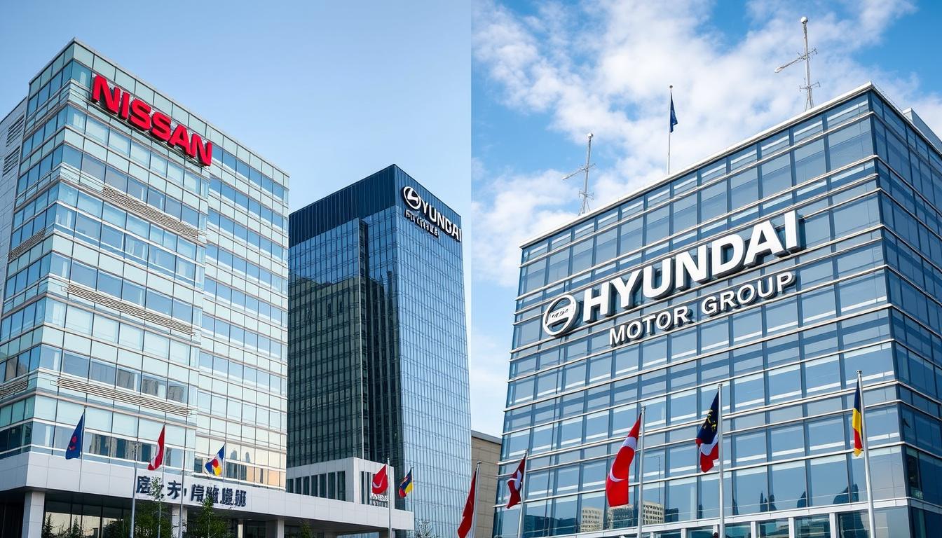 Nissan and Hyundai headquarters buildings side by side showing the contrast between Japanese and Korean automotive design philosophies in the hybrid car race