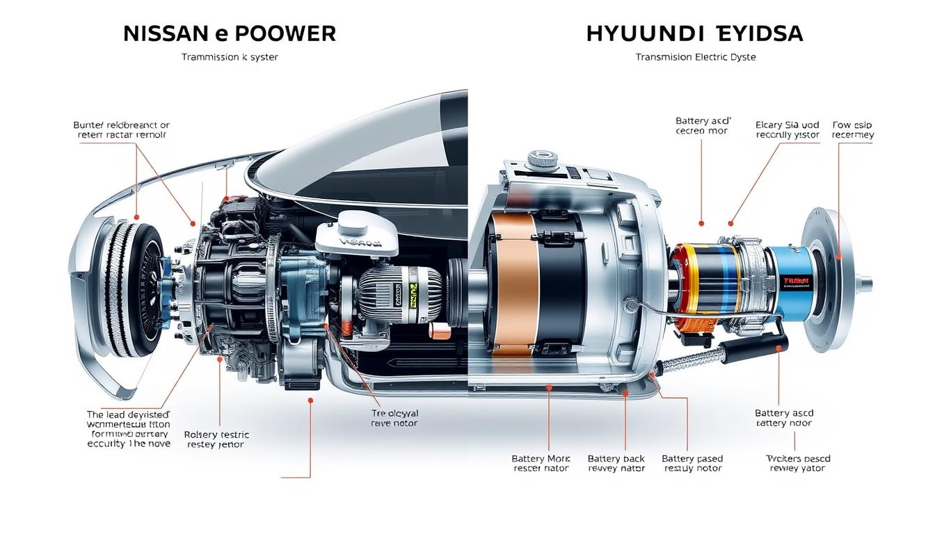Nissan e-Power and Hyundai TMED hybrid systems displayed side by side in a technical showcase highlighting the different approaches to hybrid car race technology Nissan e-Power and Hyundai TMED hybrid systems displayed side by side in a technical showcase highlighting the different approaches to hybrid car race technology