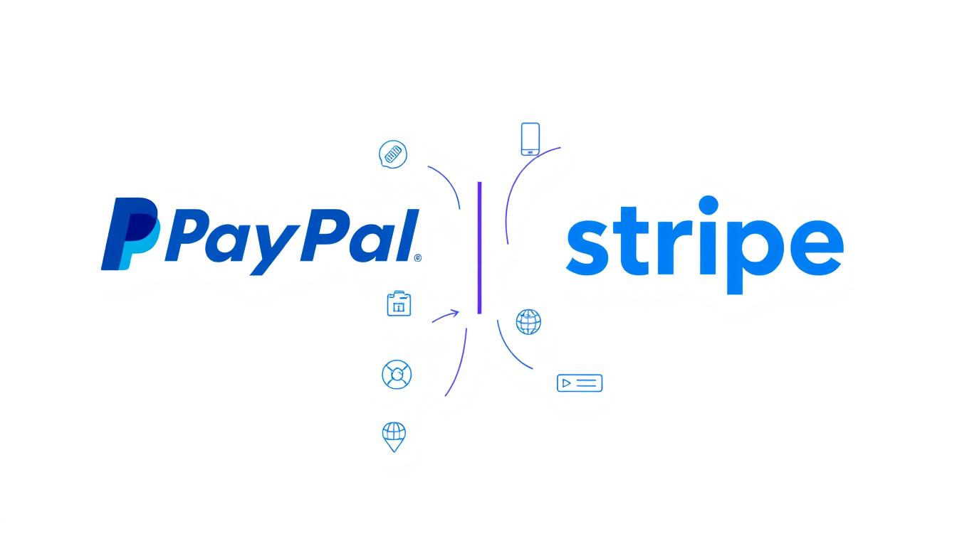 PayPal vs Stripe comparison showing the two payment processor logos side by side with digital payment icons
