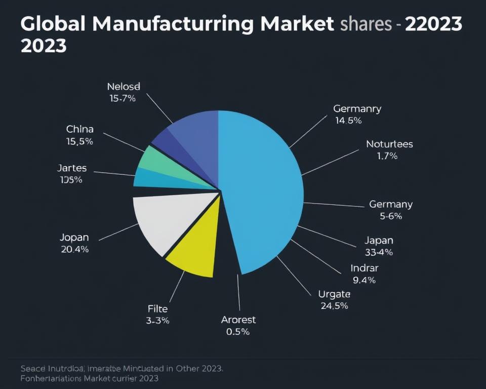 Pie chart showing global manufacturing market share with China dominating at 35% compared to Germany's smaller but significant share