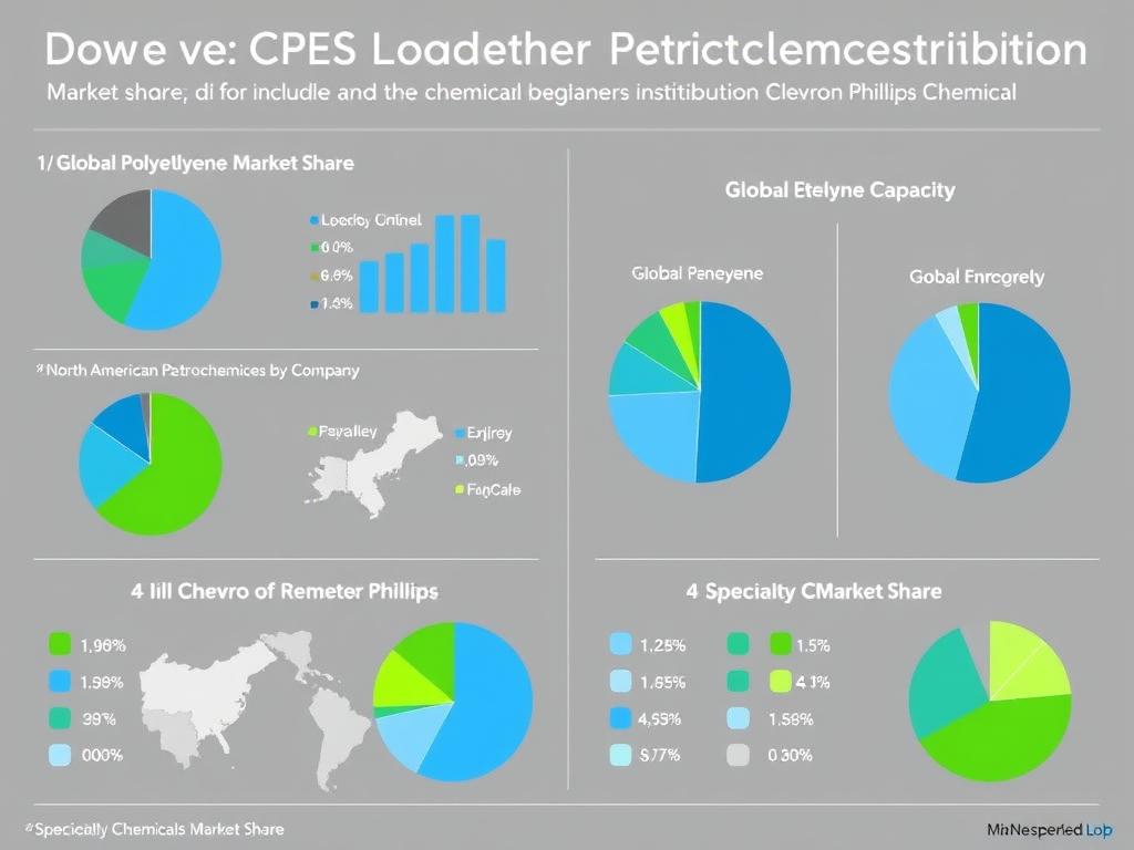Pie charts comparing market share distribution of Dow and Chevron Phillips Chemical across different petrochemical product categories