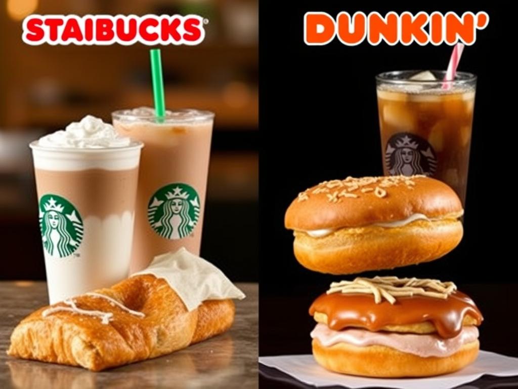 Popular menu items from Starbucks vs Dunkin' displayed side by side showing price differences