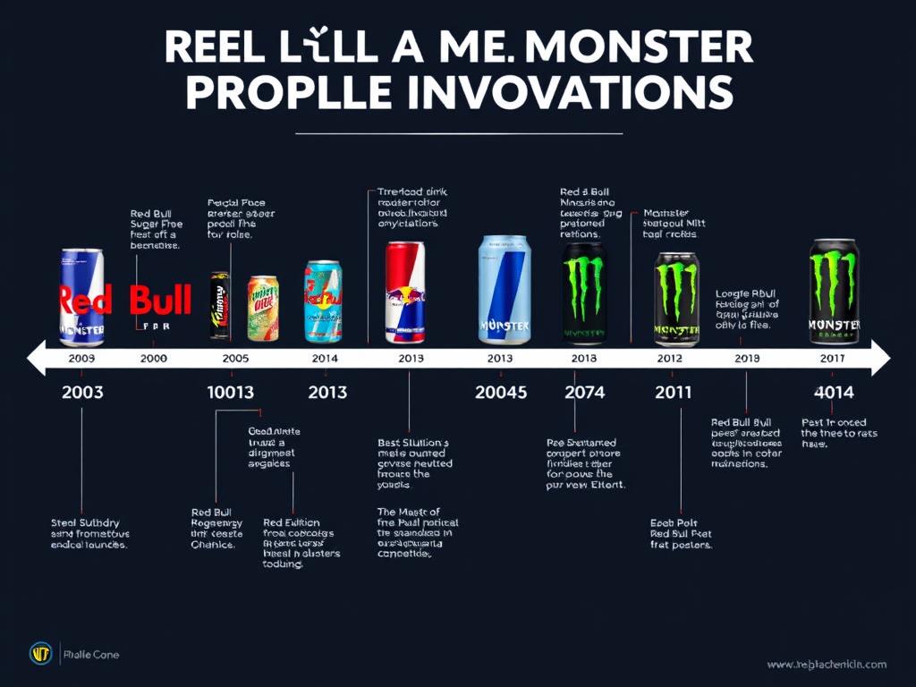 Product innovation timeline showing Red Bull and Monster energy drink new product launches