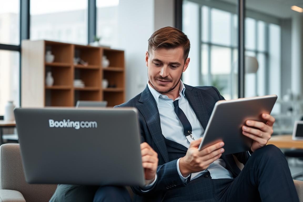 Property manager comparing Booking vs Airbnb platforms on laptop and tablet Property manager comparing Booking vs Airbnb platforms on laptop and tablet