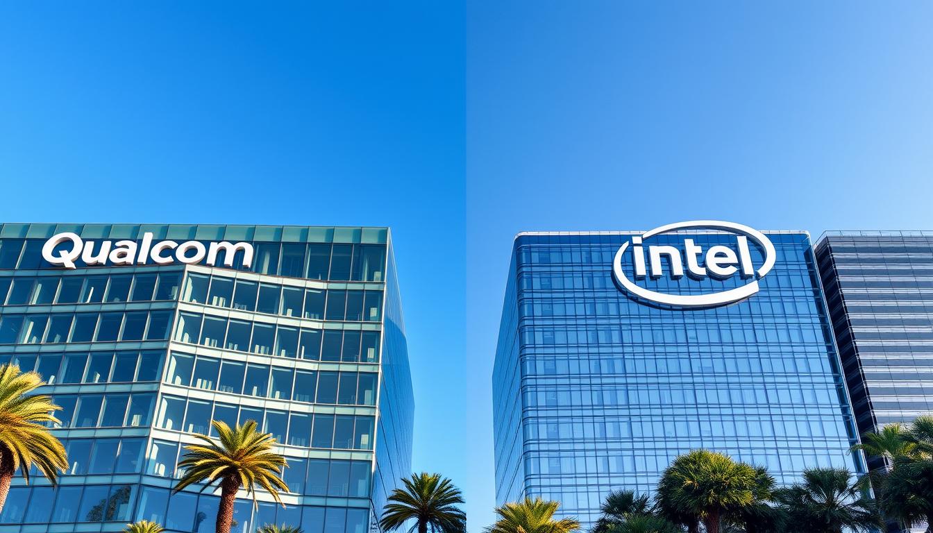 Qualcomm and Intel headquarters buildings side by side showing the contrast between Qualcomm vs Intel semiconductor market presence