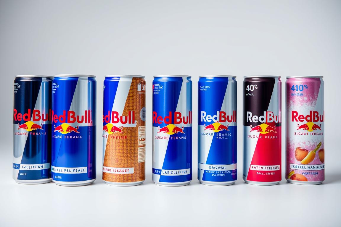 Red Bull product lineup showing original, sugar-free, and limited edition varieties