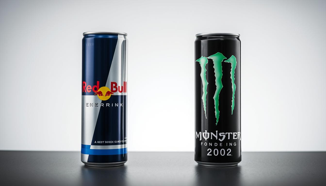 Red Bull vs Monster energy drink cans side by side with company logos and founding dates