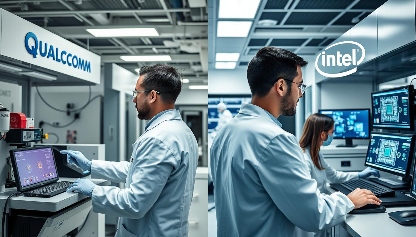 Research labs comparison showing Qualcomm and Intel's innovation approaches in the Qualcomm vs Intel semiconductor market competition Research labs comparison showing Qualcomm and Intel's innovation approaches in the Qualcomm vs Intel semiconductor market competition