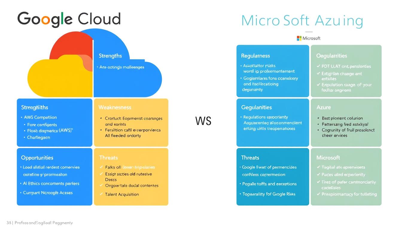 SWOT analysis diagram comparing strategic challenges for Google Cloud and Microsoft Azure in the Google vs Microsoft AI and Cloud Services Comparison SWOT analysis diagram comparing strategic challenges for Google Cloud and Microsoft Azure in the Google vs Microsoft AI and Cloud Services Comparison