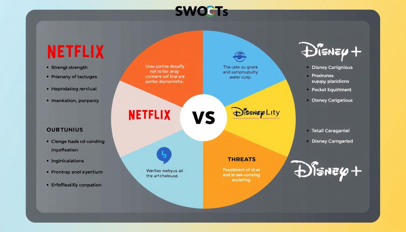 SWOT analysis visualization comparing Netflix and Disney+ strategic positions SWOT analysis visualization comparing Netflix and Disney+ strategic positions