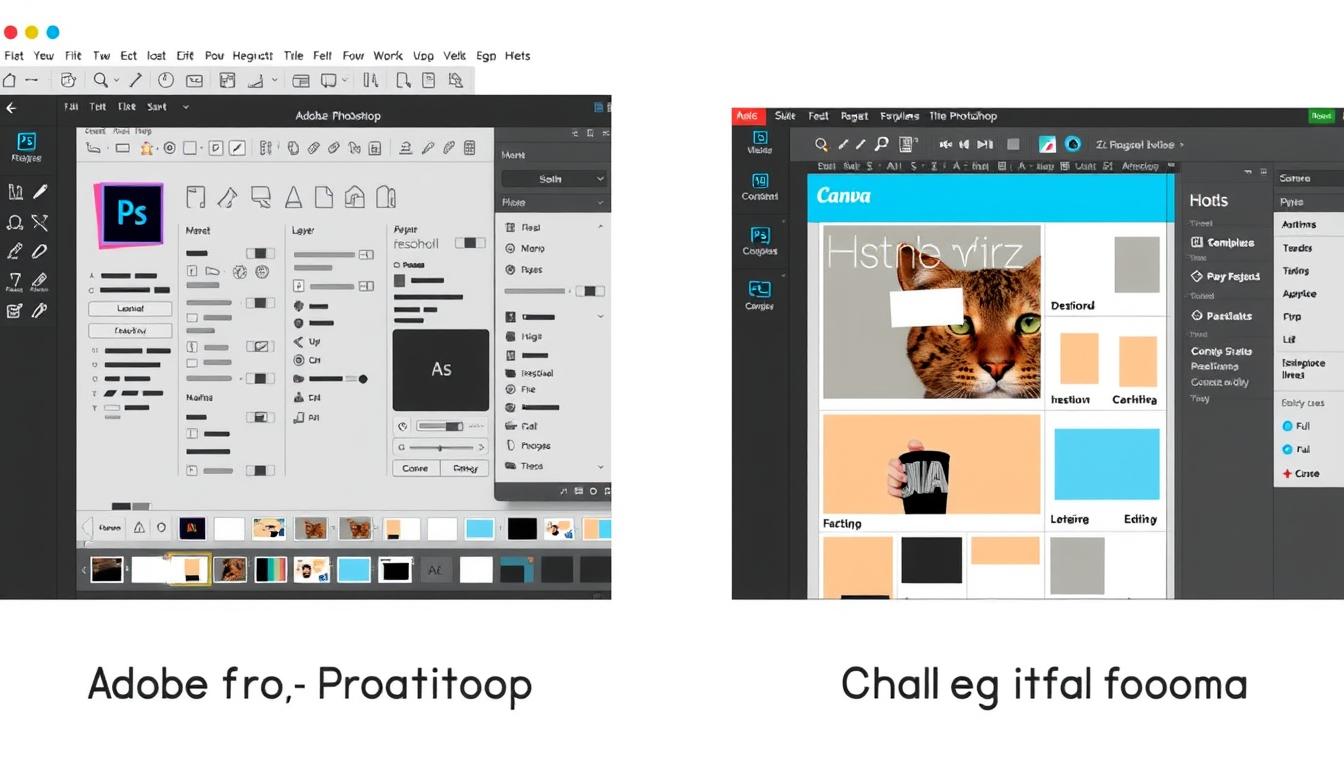 Side-by-side comparison of Adobe vs Canva interfaces highlighting complexity vs simplicity