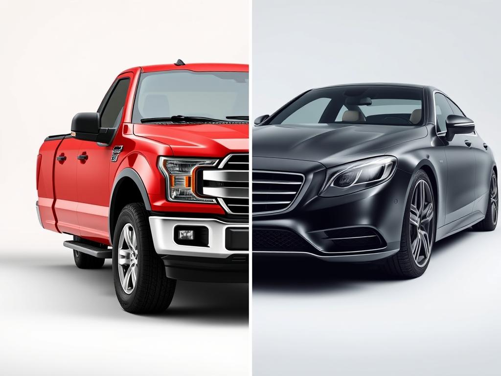 Side-by-side comparison of American pickup truck and German luxury sedan showcasing each country's automotive specialization