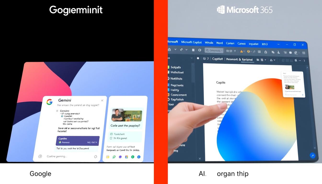 Side-by-side comparison of Google Gemini and Microsoft Copilot AI interfaces demonstrating the Google vs Microsoft AI and Cloud Services Comparison Side-by-side comparison of Google Gemini and Microsoft Copilot AI interfaces demonstrating the Google vs Microsoft AI and Cloud Services Comparison