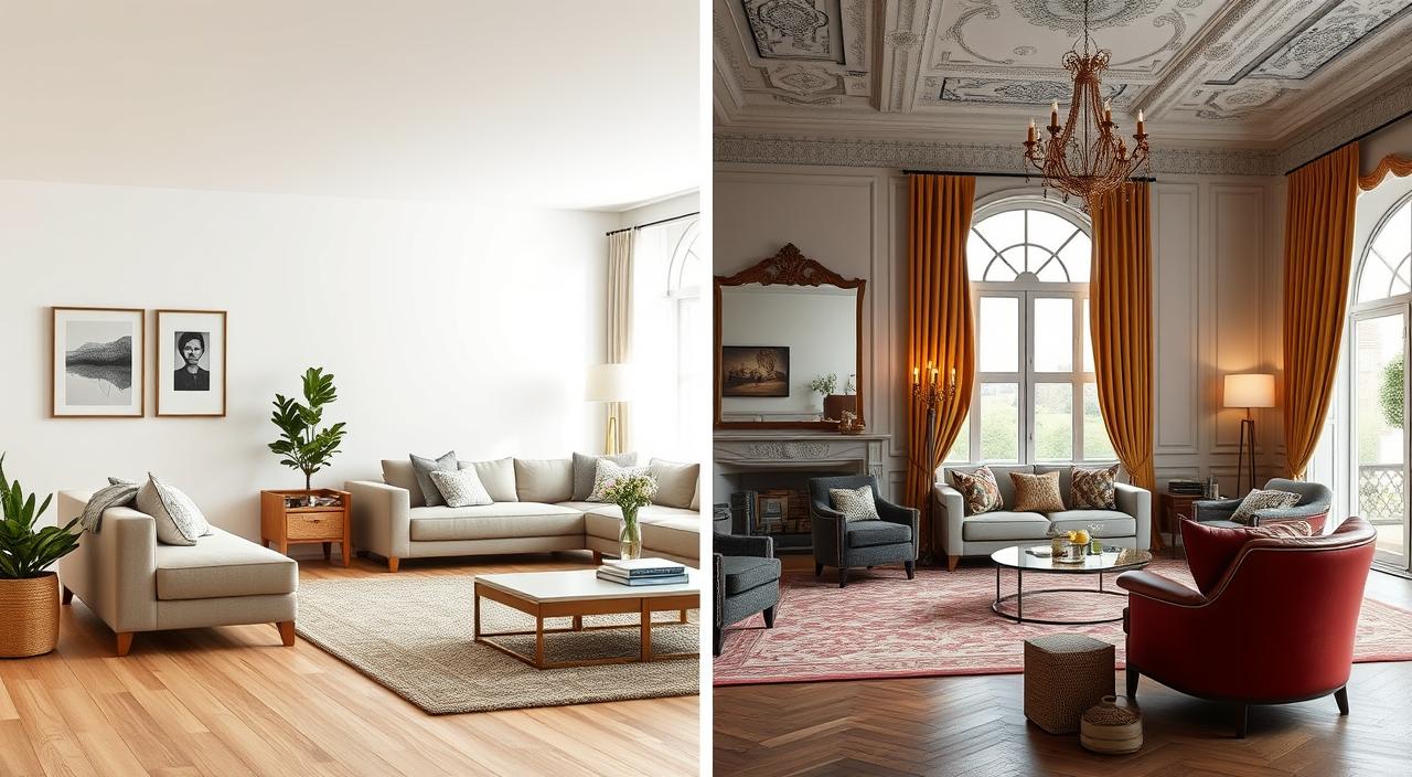 Side by side comparison of IKEA minimalist living room and Home Centre luxury-inspired living room