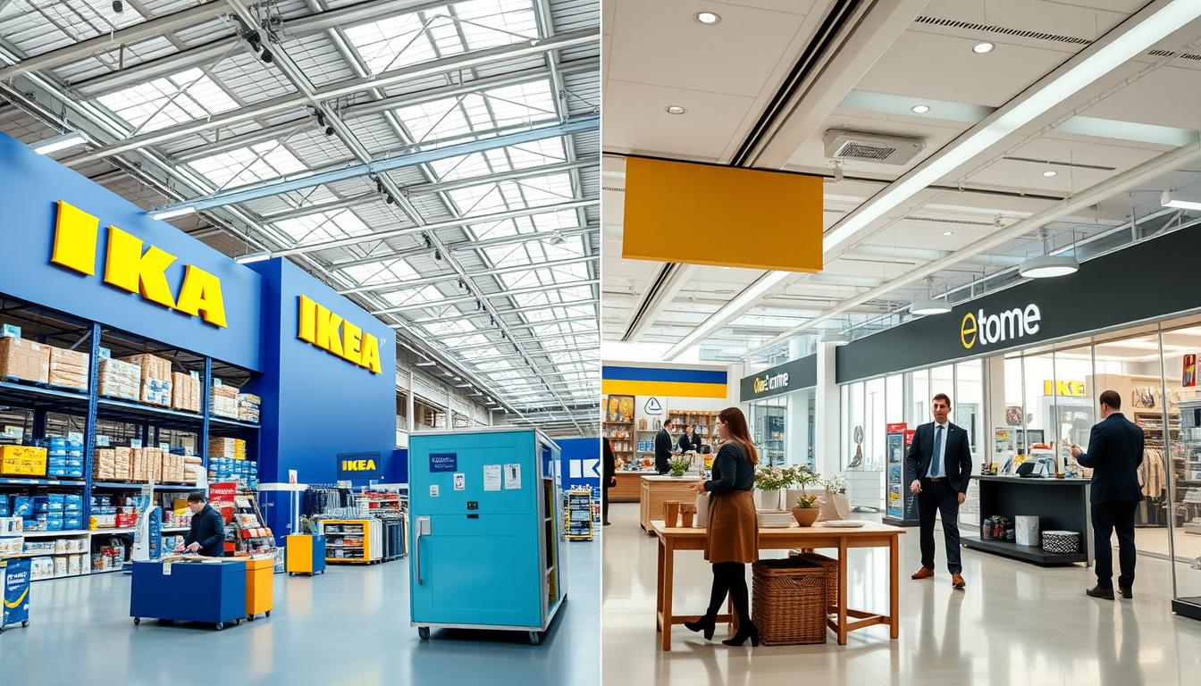 Split image showing IKEA and Home Centre store interiors side by side