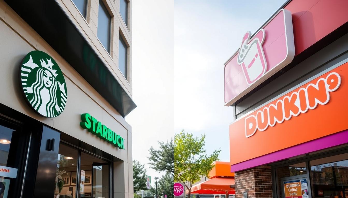 Starbucks and Dunkin' storefronts side by side showing the contrast between Starbucks vs Dunkin' brand identities