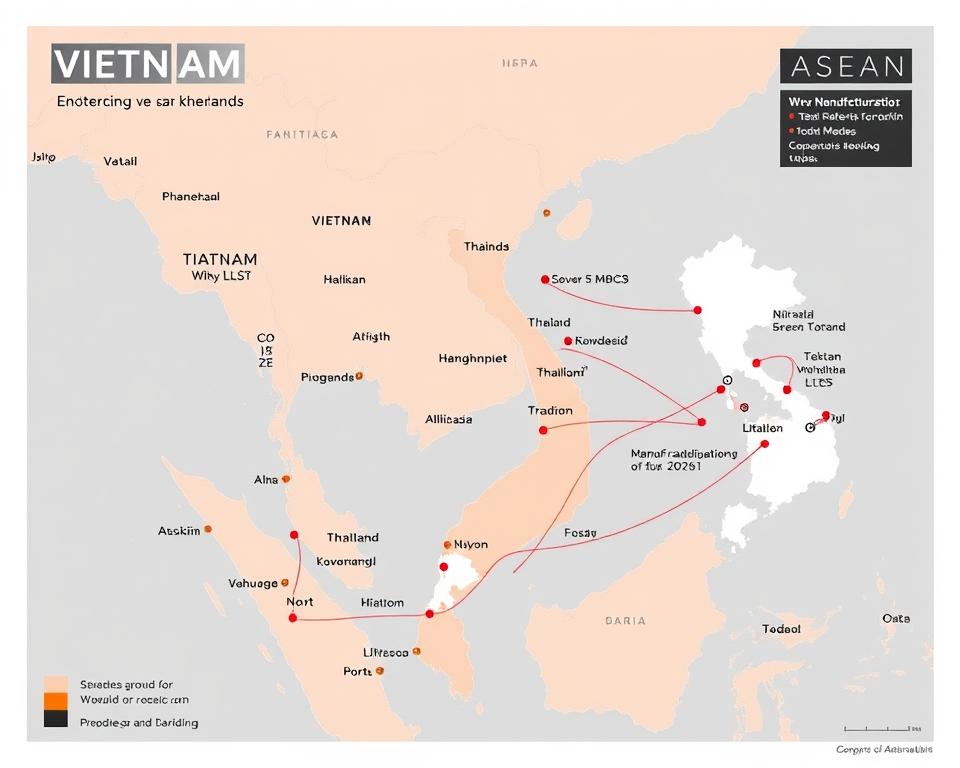 Strategic location map showing Vietnam and Thailand's positioning within ASEAN and global supply chains in the manufacturing hub competition Strategic location map showing Vietnam and Thailand's positioning within ASEAN and global supply chains in the manufacturing hub competition