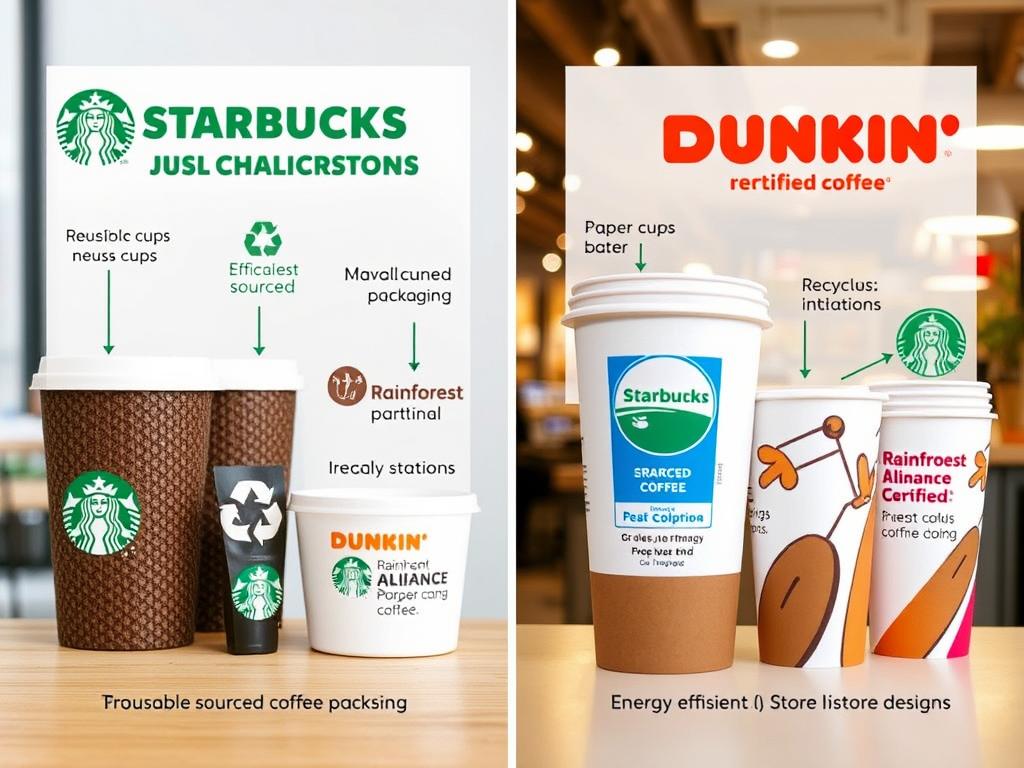 Sustainability initiatives comparison showing Starbucks vs Dunkin' environmental efforts and packaging