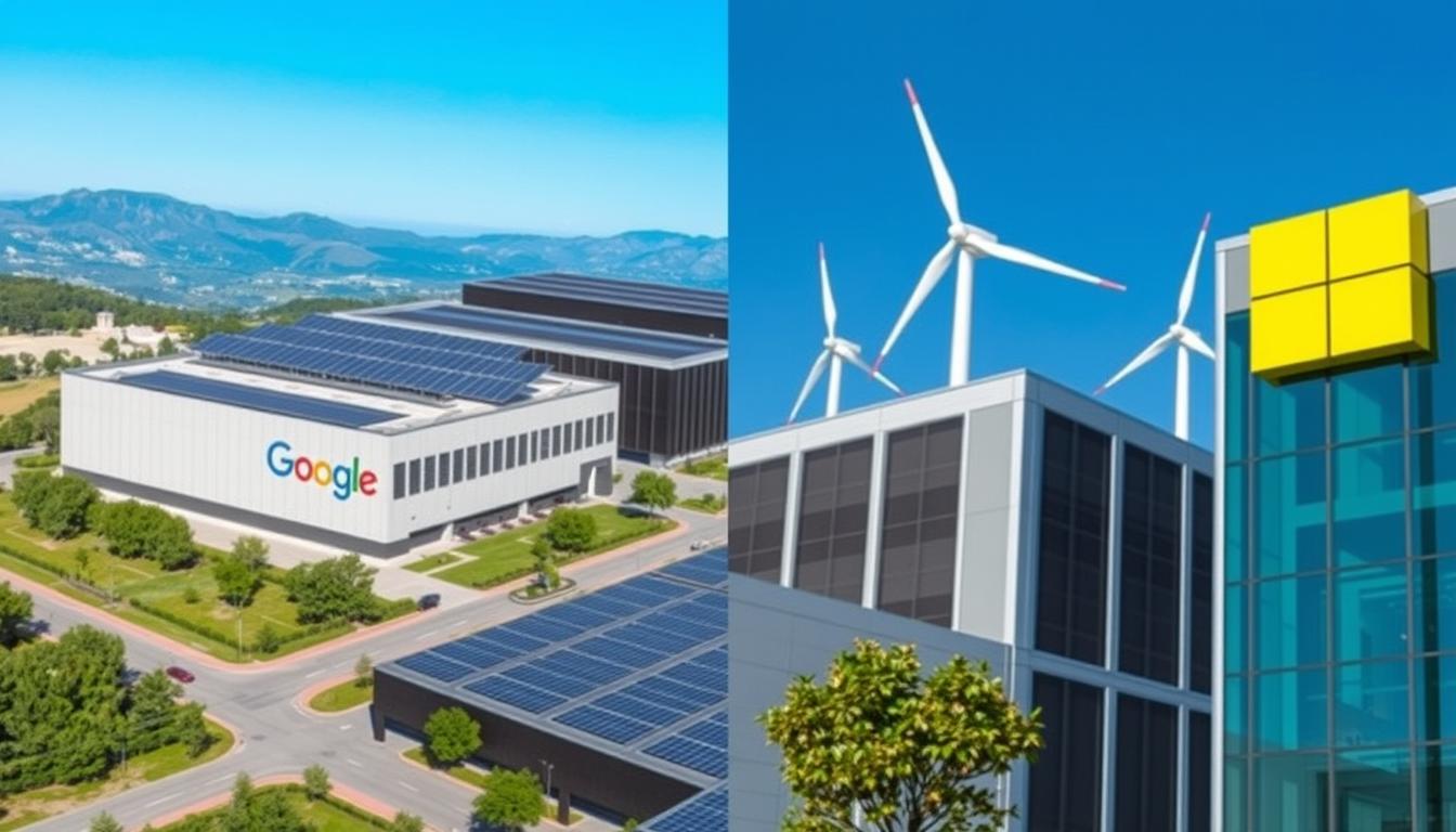 Sustainable data centers from Google and Microsoft showing green technology implementations for the Google vs Microsoft AI and Cloud Services Comparison Sustainable data centers from Google and Microsoft showing green technology implementations for the Google vs Microsoft AI and Cloud Services Comparison