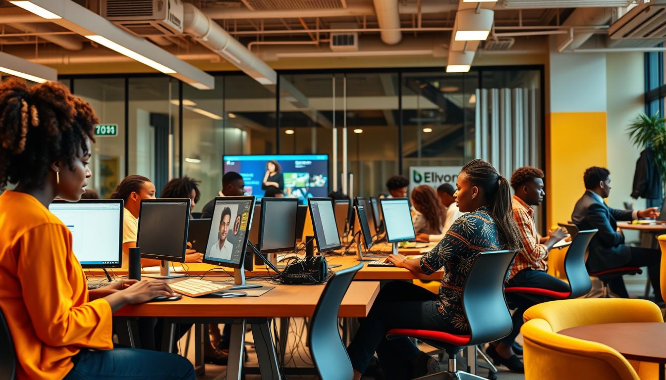 Tech hub in Africa showing collaboration between local entrepreneurs and French/British tech companies