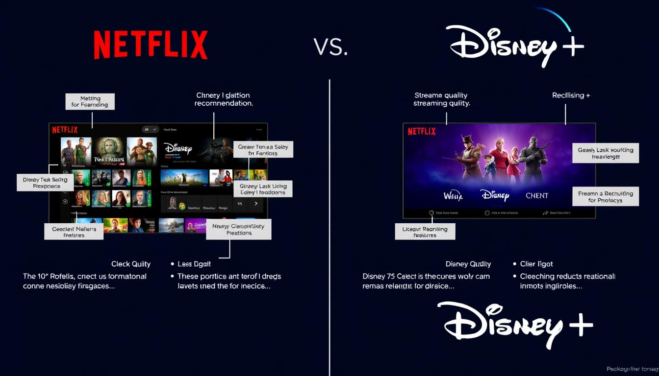 Technological comparison showing Netflix and Disney+ streaming innovations and user interfaces Technological comparison showing Netflix and Disney+ streaming innovations and user interfaces