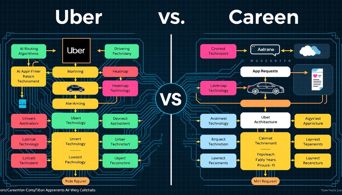 Technology comparison between Uber and Careem showing AI algorithms and platform architecture