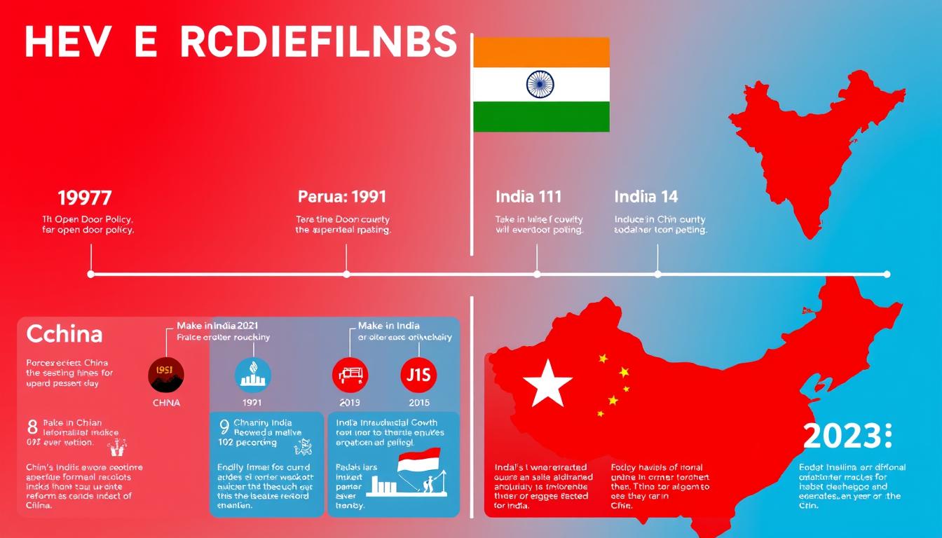 Timeline comparison of key industrial reforms in India and China showing India vs China industrial base comparison milestones