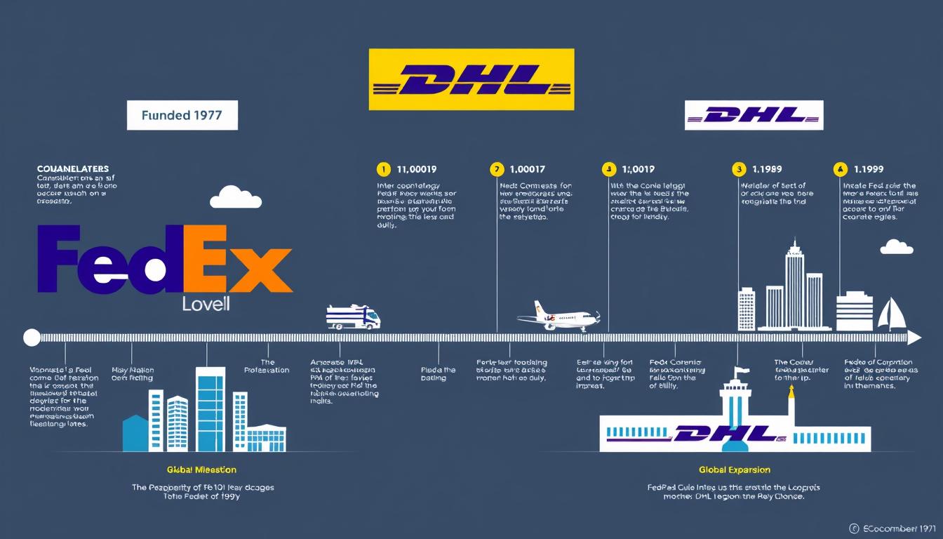 Timeline showing FedEx and DHL company origins and evolution in the global shipping industry