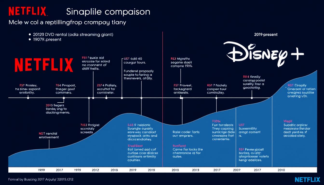 Timeline showing Netflix's evolution from DVD rental to streaming giant compared with Disney+'s rapid market entry Timeline showing Netflix's evolution from DVD rental to streaming giant compared with Disney+'s rapid market entry