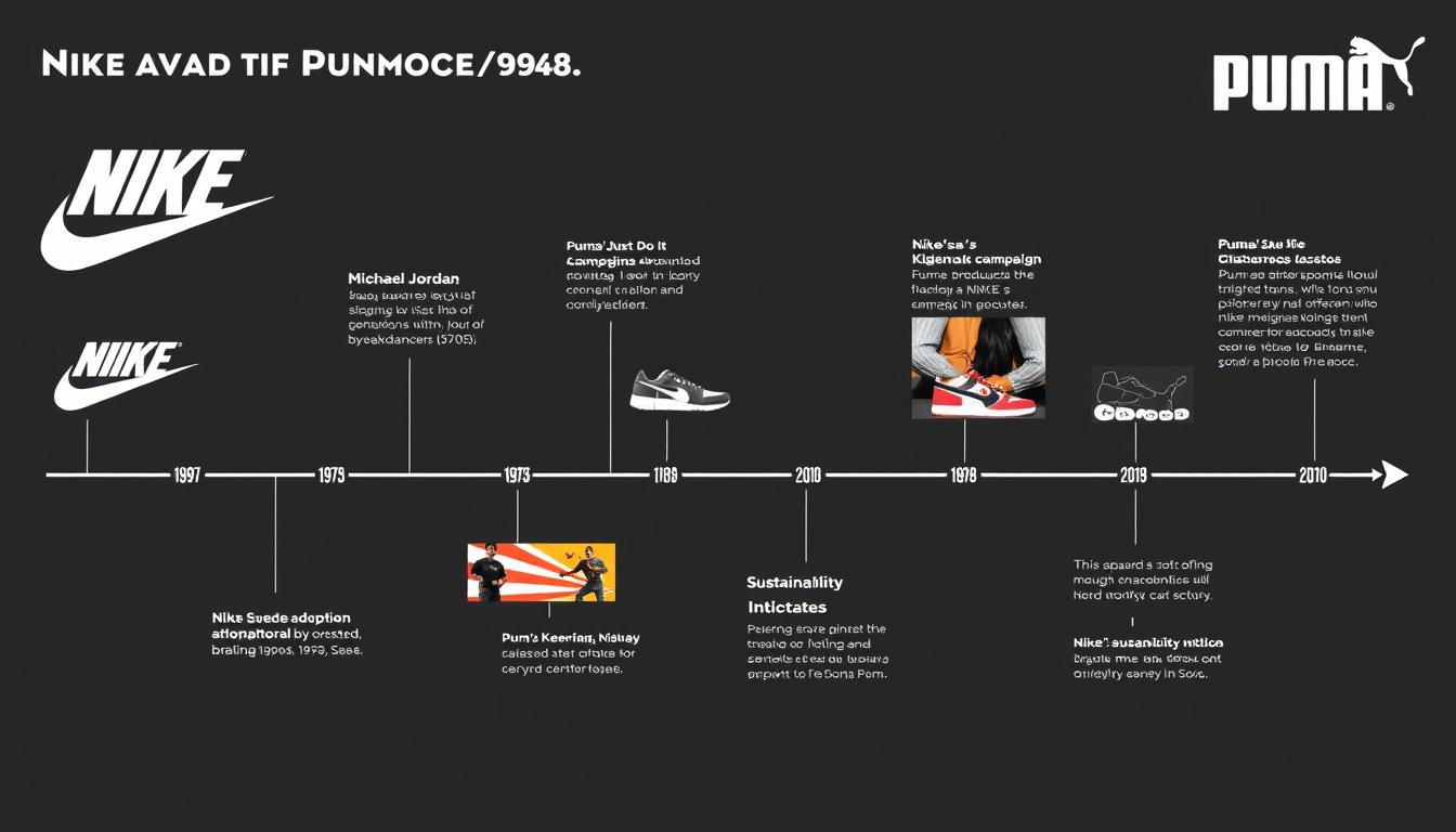 Timeline showing Nike and Puma's key moments in youth culture history from 1970s to present day