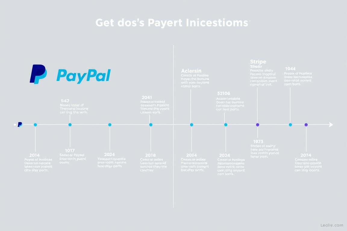 Timeline showing the evolution of PayPal vs Stripe with key milestones for both payment processors Timeline showing the evolution of PayPal vs Stripe with key milestones for both payment processors