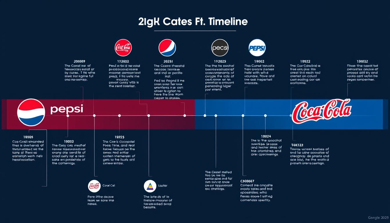 Timeline showing the evolution of Pepsi and Coca-Cola brands from their founding to 2025