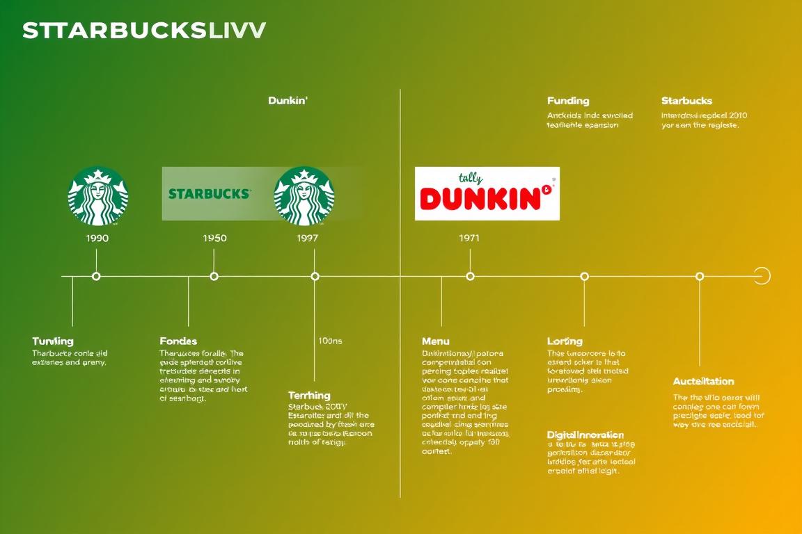 Timeline showing the evolution of Starbucks vs Dunkin' from founding to present day global expansion