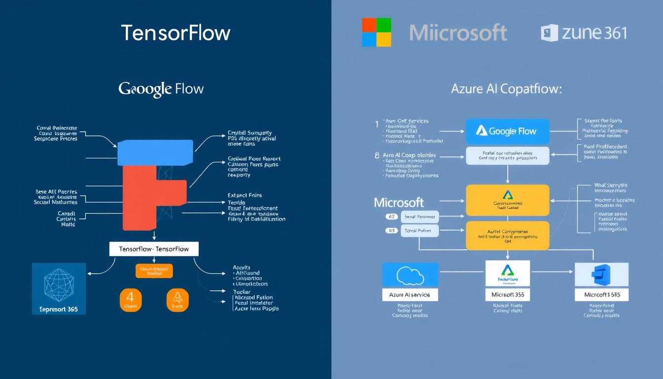 Visual comparison of Google's TensorFlow and Microsoft's Azure AI platforms showing the Google vs Microsoft AI and Cloud Services Comparison Visual comparison of Google's TensorFlow and Microsoft's Azure AI platforms showing the Google vs Microsoft AI and Cloud Services Comparison