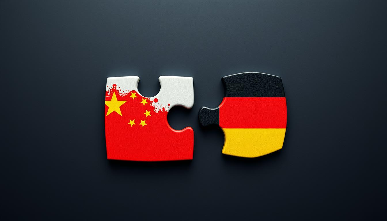 Visual metaphor showing China and Germany as complementary manufacturing powers in the global economy
