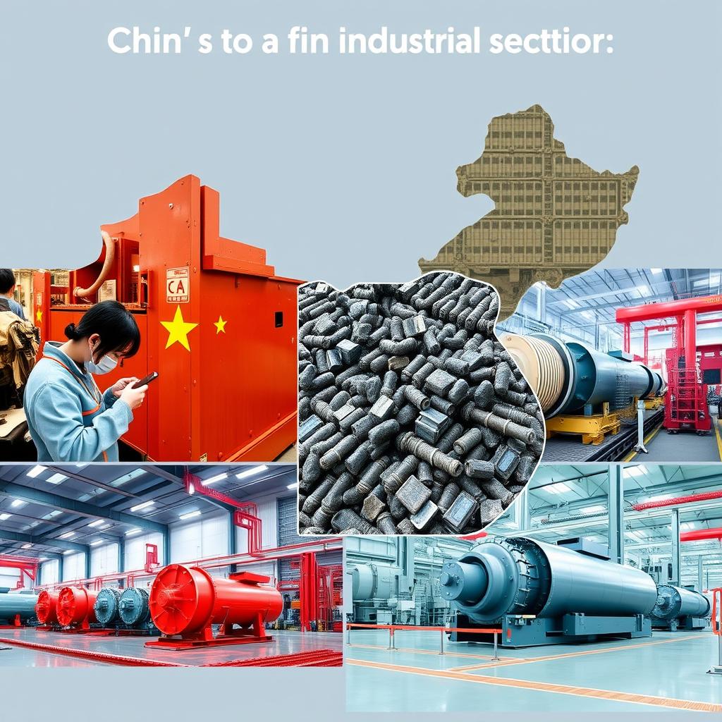 Visual representation of China's dominant industrial sectors including electronics manufacturing, rare earth processing, and machinery production Visual representation of China's dominant industrial sectors including electronics manufacturing, rare earth processing, and machinery production