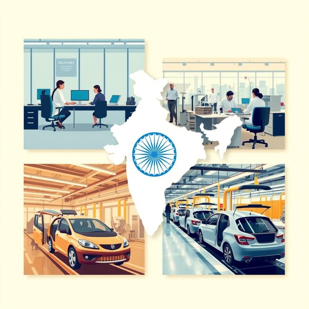 Visual representation of India's core industrial sectors including IT services, pharmaceuticals, and automotive manufacturing Visual representation of India's core industrial sectors including IT services, pharmaceuticals, and automotive manufacturing