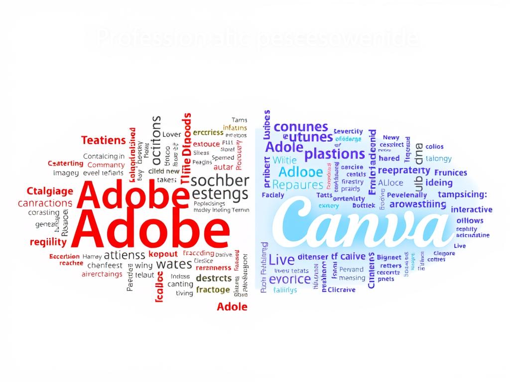Word cloud showing public perception and brand associations for Adobe vs Canva