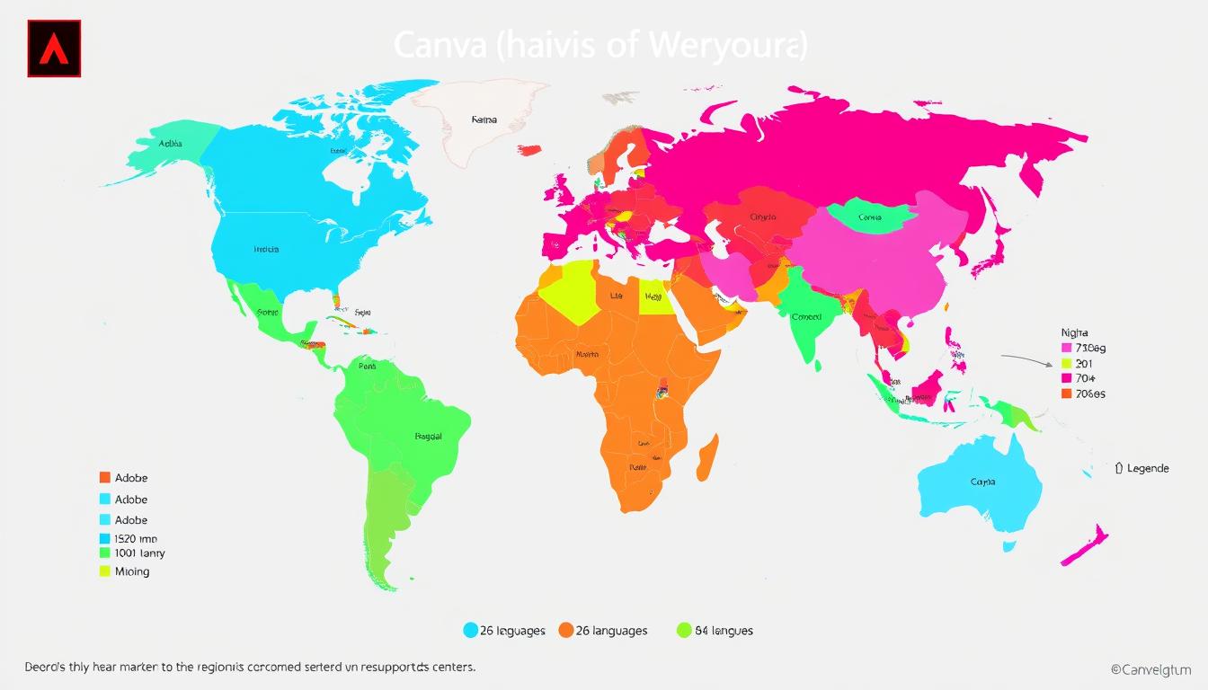 World map showing Adobe vs Canva global market penetration and language support