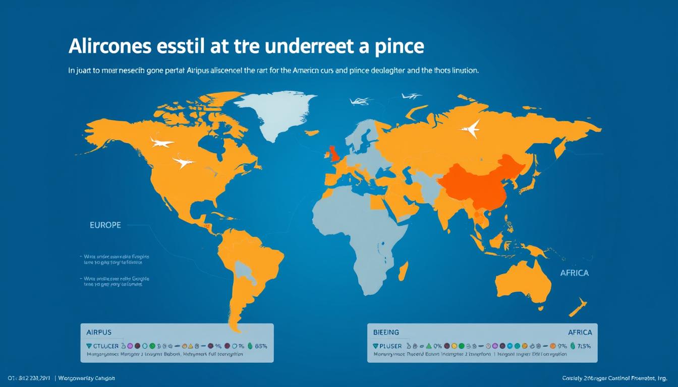 World map showing Airbus vs Boeing market dominance by region with aircraft silhouettes
