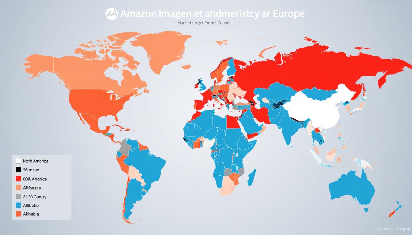 World map showing Amazon vs Alibaba market dominance by region