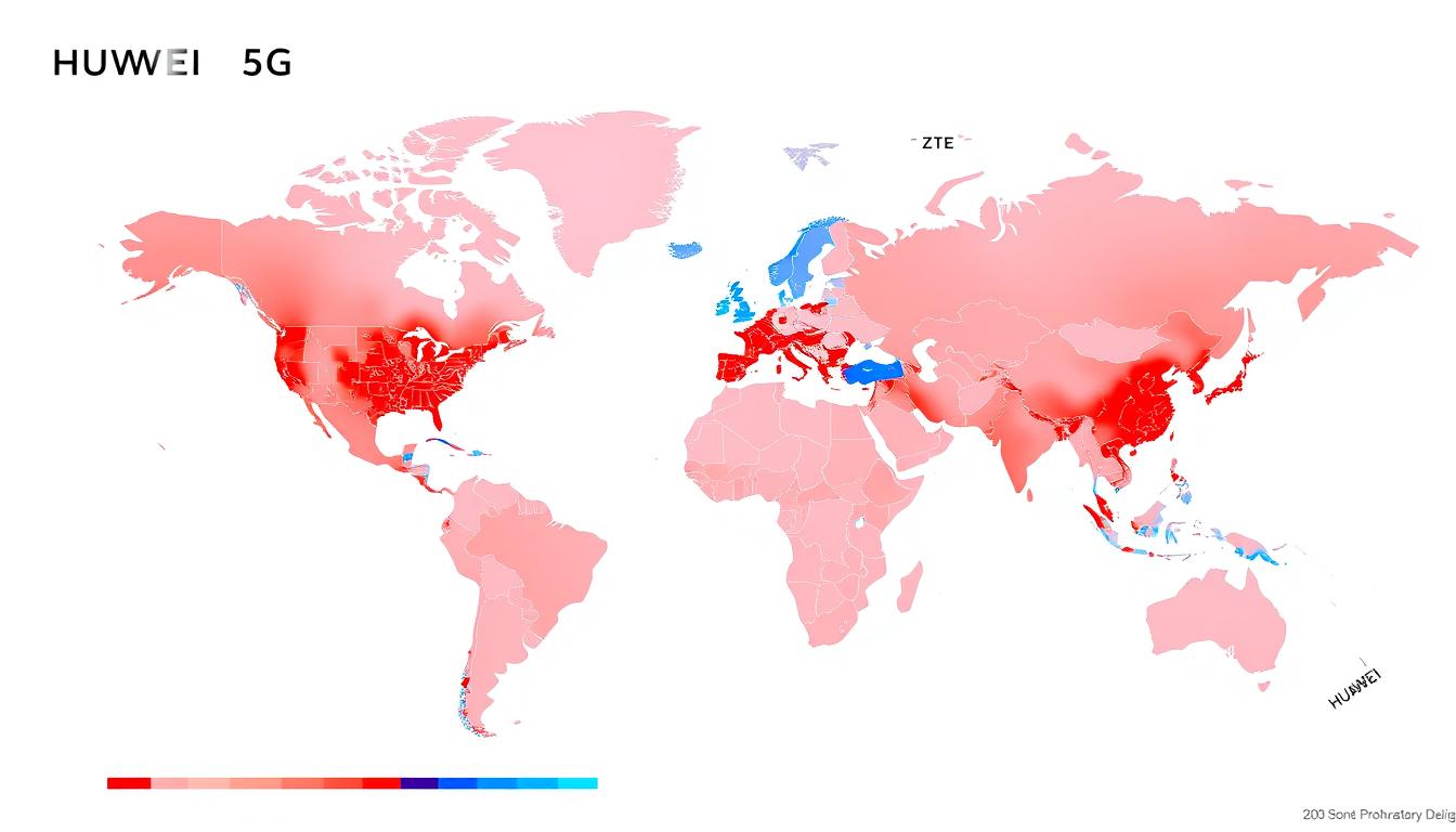 World map showing Huawei vs ZTE 5G technology comparison deployment across different regions