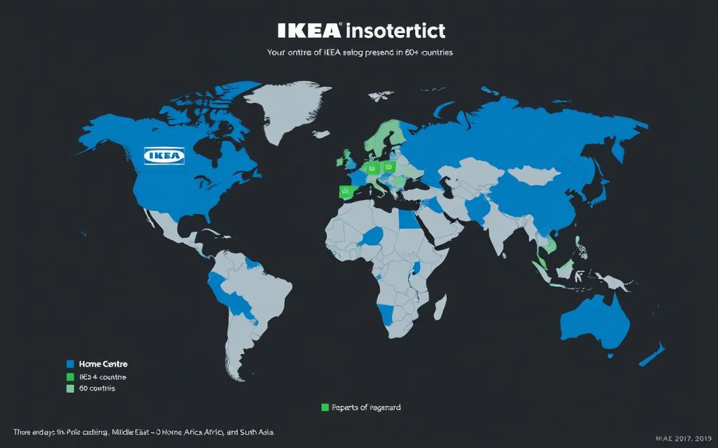 World map showing IKEA and Home Centre global presence with color-coded markers