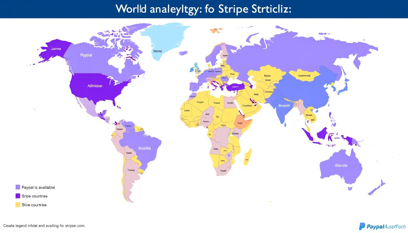 World map showing PayPal vs Stripe global availability with country coverage highlighted in different colors World map showing PayPal vs Stripe global availability with country coverage highlighted in different colors