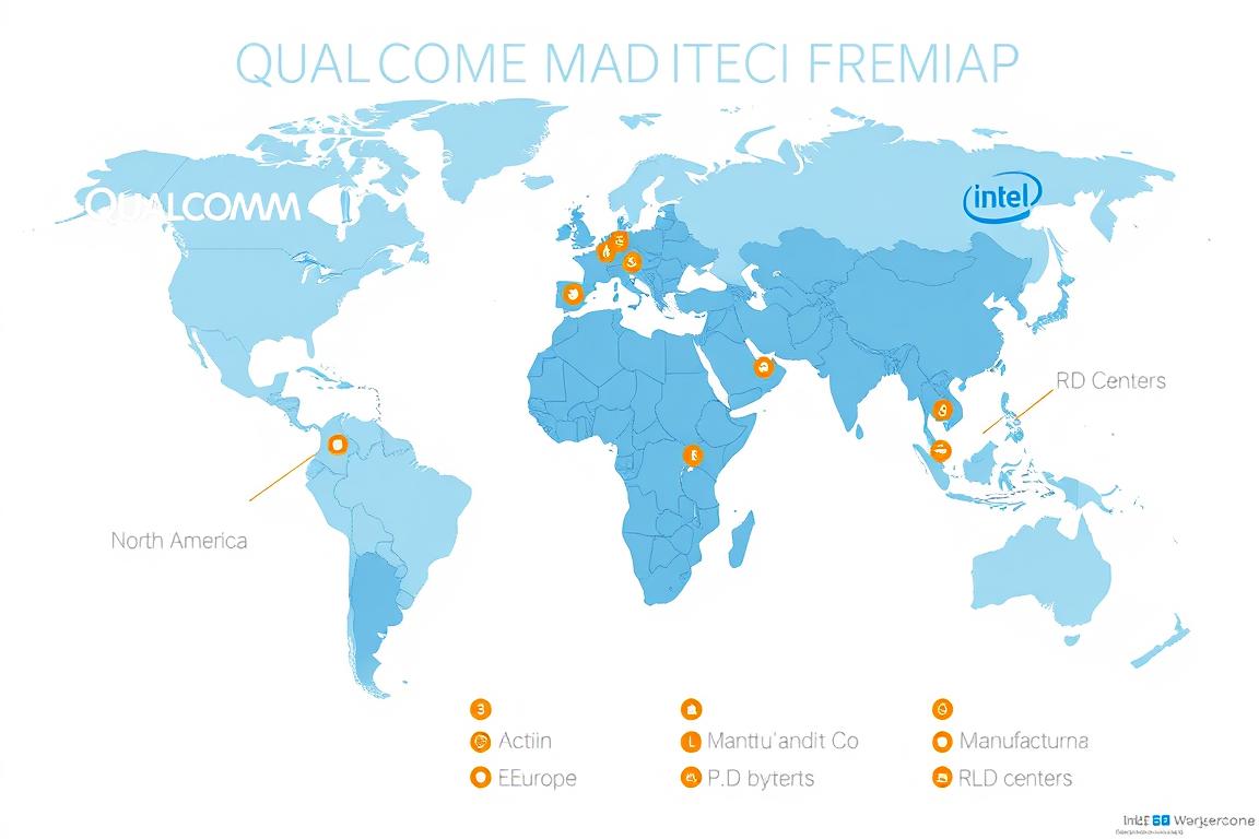 World map showing global manufacturing and R&D facilities in the Qualcomm vs Intel semiconductor market competition World map showing global manufacturing and R&D facilities in the Qualcomm vs Intel semiconductor market competition