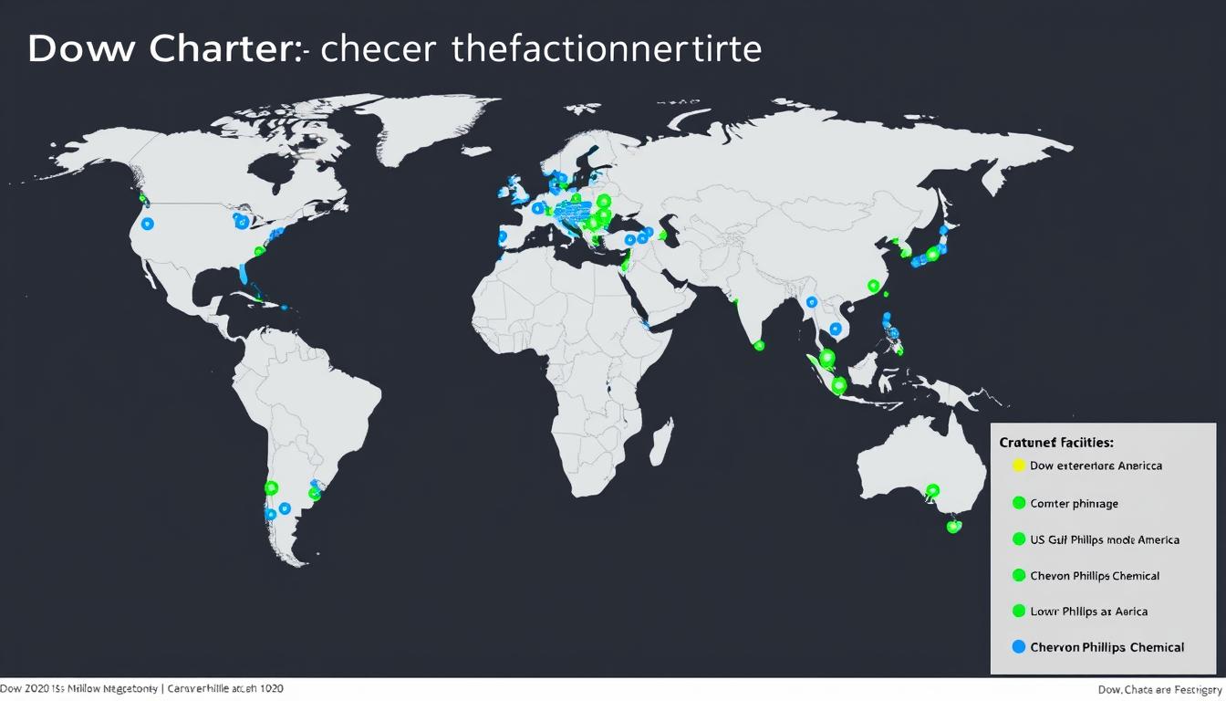 World map showing global manufacturing footprint of Dow vs Chevron Phillips Chemical in the petrochemical market comparison