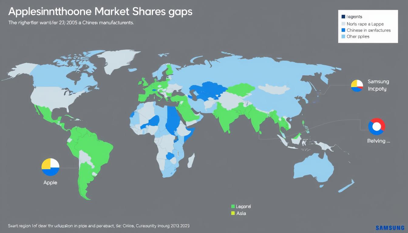 World map showing regional smartphone market share distribution between Apple and Samsung highlighting their global market dominance