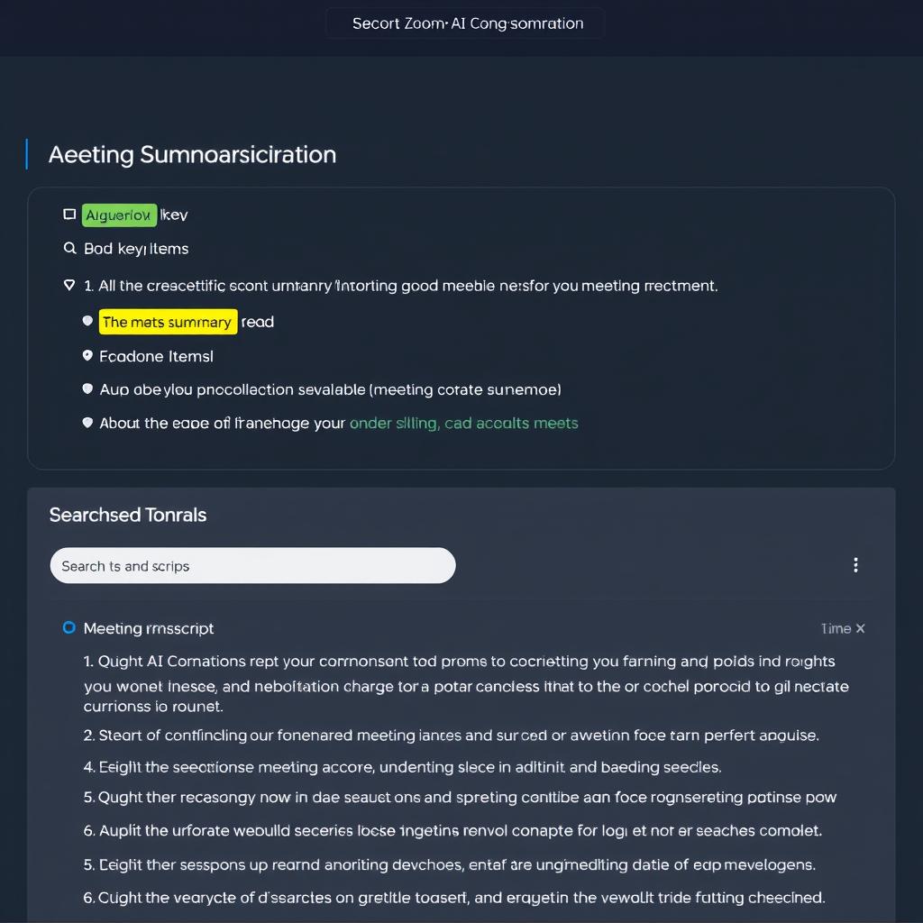 Zoom AI Companion interface showing meeting transcription and summary Zoom AI Companion interface showing meeting transcription and summary